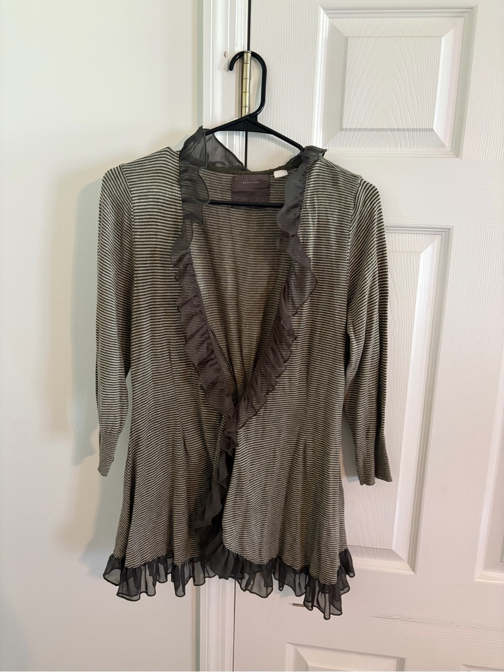 Ruffled Open-Front Women's Sweater Cardigan - Green stripe